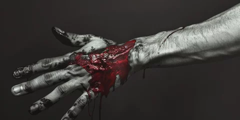 Fotobehang A gruesome image of a bloody hand holding a bleeding heart. Perfect for Halloween or horror-themed projects © Fotograf