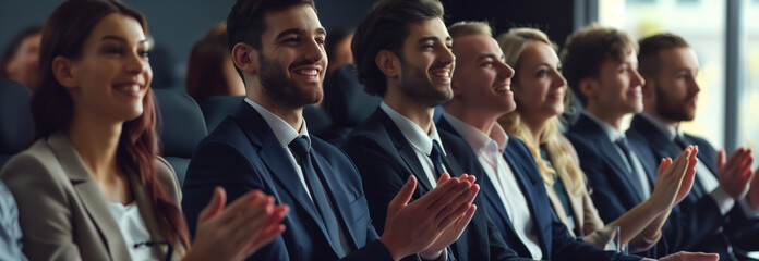 Selective focus of A group of businessmen clapping in a seminar room. - obrazy, fototapety, plakaty