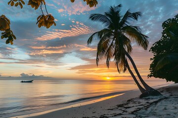Golden Horizon Glow: HD Beach Sunset Silhouette featuring Palm Trees and a Radiant Sky