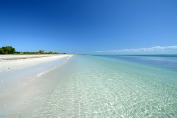 Azure Serenity: HD Image of a Tranquil Beach with Crystal-Clear Waters, White Sands, and Cloudless Sky