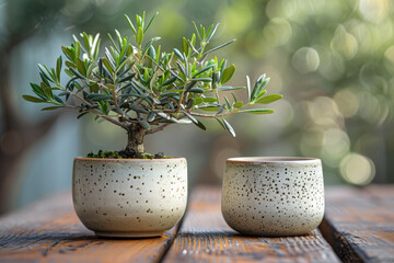 Capture the essence of nature with a serene depiction of olive tree in a beige ceramic pot , front view