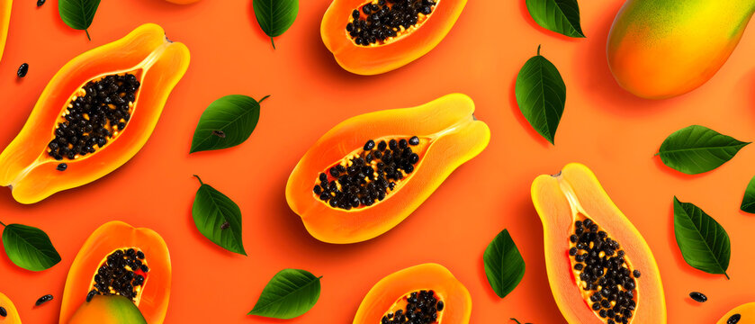 Papaya fruits mockup. Flat lay colorful background. Minimal concept. Tropicalexotical fruits banner. Generative ai