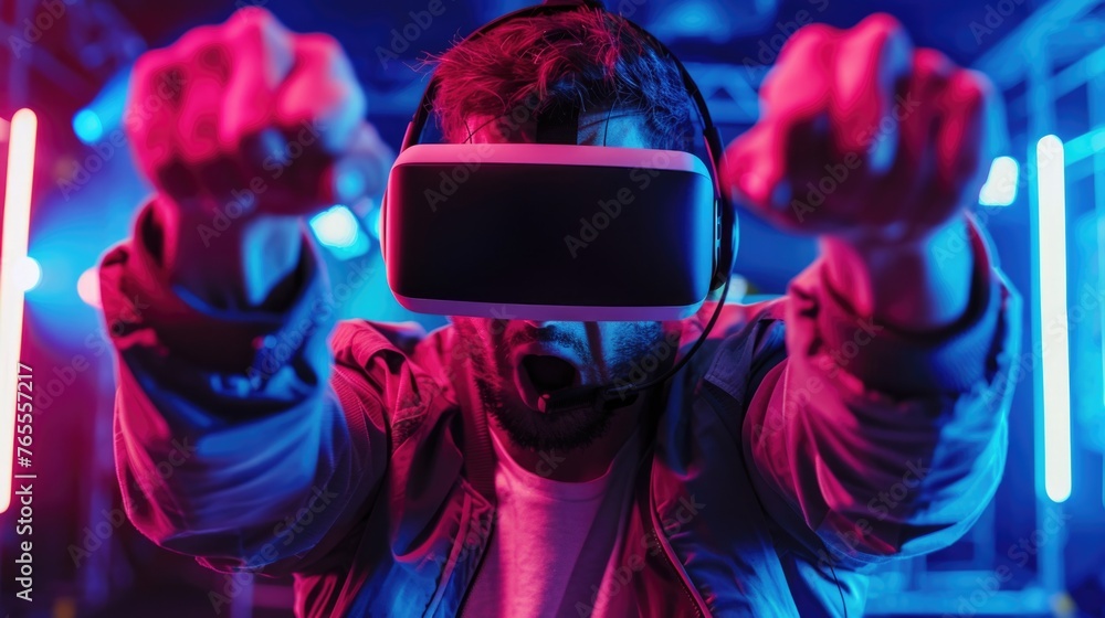 Poster man immersed in virtual reality experience, suitable for technology concepts