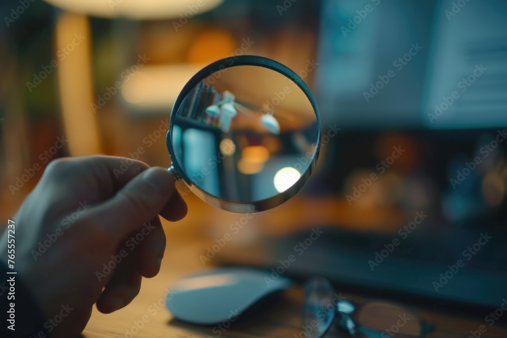 Poster person holding a magnifying glass over a computer screen. suitable for technology and investigation 