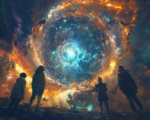 Design an eye-catching graphic showing a group of diverse individuals looking up at a glowing portal above them, symbolizing the moment they discover their ability to access parallel universe memories