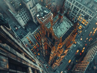 Obraz premium Elevate the visual representation of architectural symbolism in classic and contemporary literature with a dynamic aerial viewpoint Merge the grandeur of buildings with the depth of literary concepts 