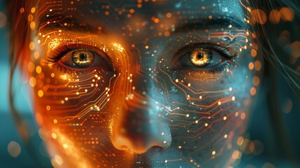 Create a close-up shot of a human face reflecting a mix of fear and curiosity, overlaid with intricate circuit patterns This design delves into the ethical dilemmas posed by artificial intelligence in - obrazy, fototapety, plakaty