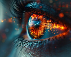 Design a close-up shot of a digital eye displaying complex algorithms and binary codes, reflecting the moral quandaries faced by artificial intelligence in speculative narratives This visually strikin - obrazy, fototapety, plakaty