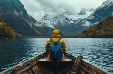 A person sitting in the front of an old wooden boat on Lake grabbing, surrounded by snowcapped mountains and forests, with reflections of clouds on water surface - obrazy, fototapety, plakaty
