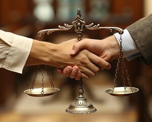 Capture a close-up image that symbolizes the importance of ethical decision-making in business Incorporate elements like a handshake or scales of justice to visually represent honesty and fairness - obrazy, fototapety, plakaty