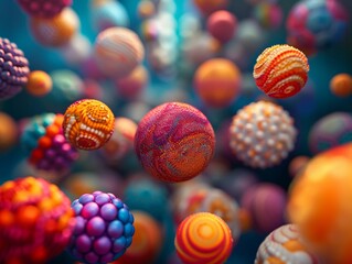 Design a captivating long shot image showcasing a series of colorful balls bouncing in a mesmerizing pattern The balls should vary in size and texture, creating a dynamic and visually appealing compos - obrazy, fototapety, plakaty