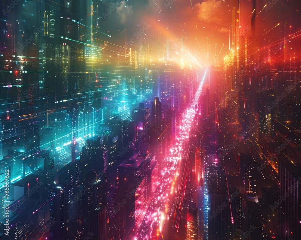 Poster design an image showing a futuristic cityscape interconnected by colorful beams of light, symbolizin