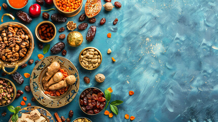 Ramadan kareem holiday concept with dried dates fruits