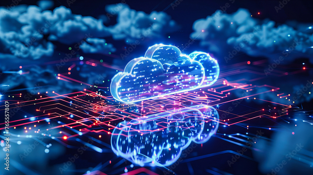 Poster cloud computing and digital networking concept, symbolizing global data storage, information technol