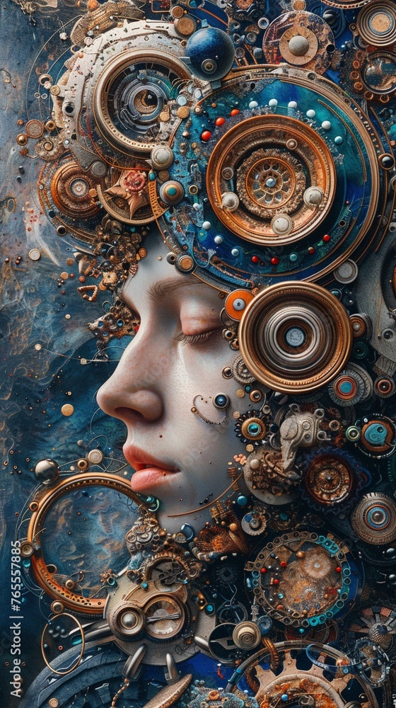 Poster craft an image that captures the harmony between art and technology in a side view composition infus
