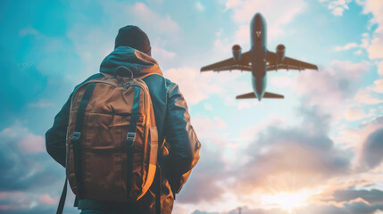 A traveler with a backpack watches an airplane flying overhead