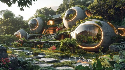 Illustrate a futuristic garden where plants and technology coexist seamlessly Emphasize the balance between nature and innovation by incorporating elements like glowing flowers powered by solar panels