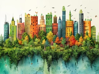 Craft an image of a sustainable city skyline, where each building represents a different ethical consideration for a conscious ecosystem Use vibrant colors to highlight the interconnectedness of eco-f