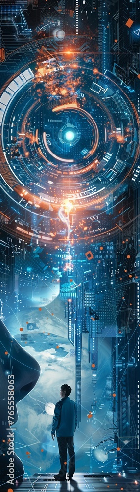 Poster capture the essence of innovation with a dynamic worms-eye view design showcasing the intersection o