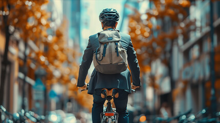 Selective focus of Male businessman riding a bicycle in the city.