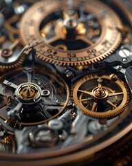 Capture the intricate gears and mechanisms of a mechanical timepiece from a unique rear view angle, highlighting the precision and craftsmanship that goes into its design