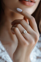 Close-up of a diamond ring on a woman's ring finger.