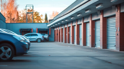 Row of closed garage doors in a warehouse with cars