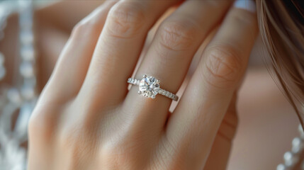 Close-up of a diamond ring on a woman's ring finger.