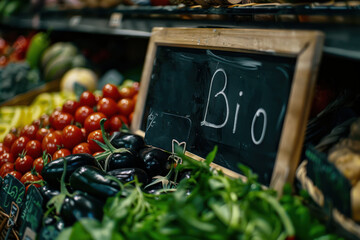 Organic farm products at the market. Fresh vegetables with a sign - obrazy, fototapety, plakaty