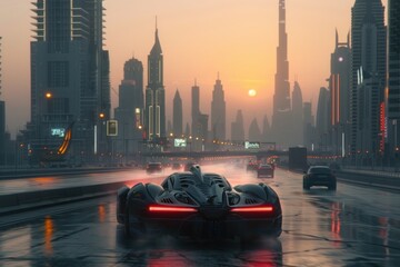 A futuristic car is driving down a wet road in a city. The car is surrounded by other cars and buildings, creating a sense of urban life. The sky is orange and the sun is setting - obrazy, fototapety, plakaty