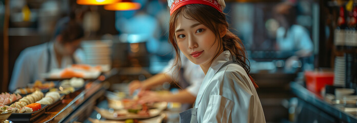Fototapeta premium Selective focus of Asian female chef Making sushi at the bar in a Japanese restaurant.