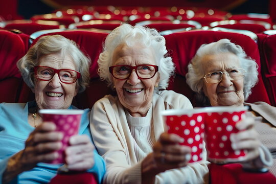 Three old woman sitting in a cinema holding popcorn - Powered by Adobe