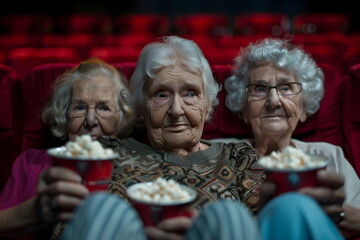 Three elder women sitting in a cinema holding popcorn