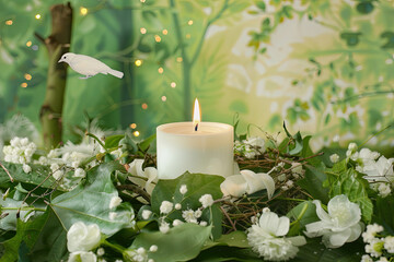 Obraz na płótnie Canvas Candle surrounded by arranged leaves and white flowers, with a forest landscape and bird in the background , front view