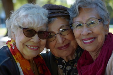 three senior woman hug on street