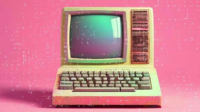 Retro and vintage computer system with coding overlay and glitch effect.