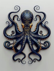 A clock shaped like an octopus, colored blue and gold, displayed on a white wall
