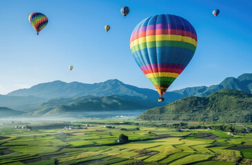 Fototapeta na wymiar A photo of hot air balloons floating over green fields and rolling hills, offering panoramic views of the landscape below