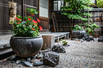 a potted plant with red flowers and rocks in front of a building - obrazy, fototapety, plakaty