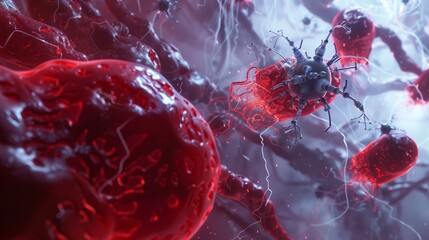  3D rendering of a nano-robot amidst red blood cells, highlighting advancements in medical nanotechnology for targeted drug delivery and disease treatment.