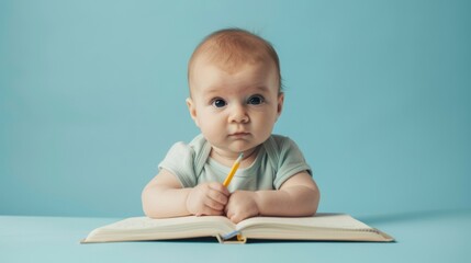 Close up of a baby sitting, holding a pen in his hand and reading a book, the concept of a baby intellectual, pastel background.
