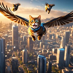 beautiful cat and birds are flying .Generative AI