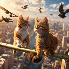 beautiful cat and birds are flying .Generative AI