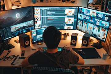A focused individual in front of multiple computer screens, closely monitoring Reddit memes on Dogecoin - obrazy, fototapety, plakaty