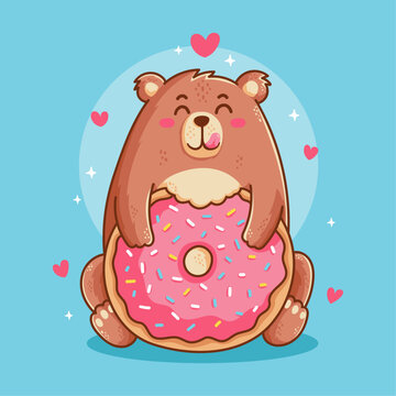 Eating Donut with Bear Vector