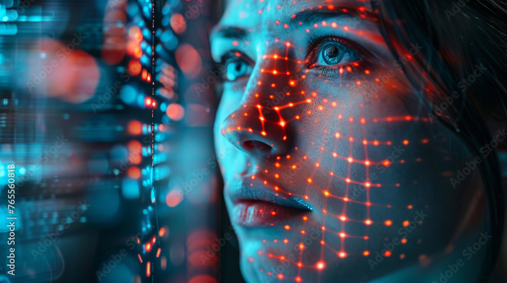 Poster close-up of a woman's face with red digital grid lines mapping her features, symbolizing concepts of