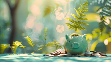 beautifully portrays the concept of sustainable finance with a piggy bank surrounded by lush greenery and scattered coins, symbolizing eco-friendly investments and savings. - obrazy, fototapety, plakaty