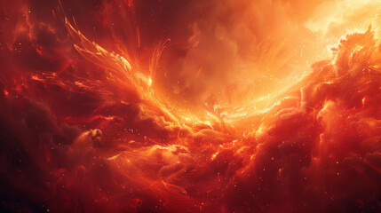 Dynamic and abstract fiery background resembling a cosmic phoenix in flight amidst intense flames and radiant energy, suggesting themes of rebirth, power, and transformation.