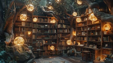 A serene library carved into the trunks of ancient trees, illuminated by gentle lights, creates a magical ambiance for reading and relaxation - obrazy, fototapety, plakaty