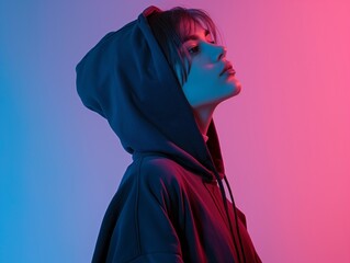 A young, attractive girl wearing a hoodie is seen in profile, isolated against a neon gradient blue-pink background.